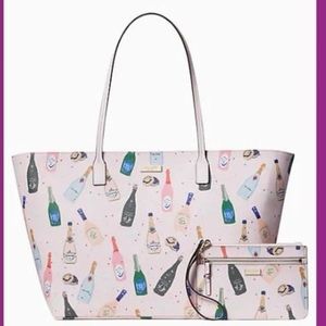 Kate Spade Pop Fizz Champagne Print Margareta Tote Bag and Wristlet NWOT